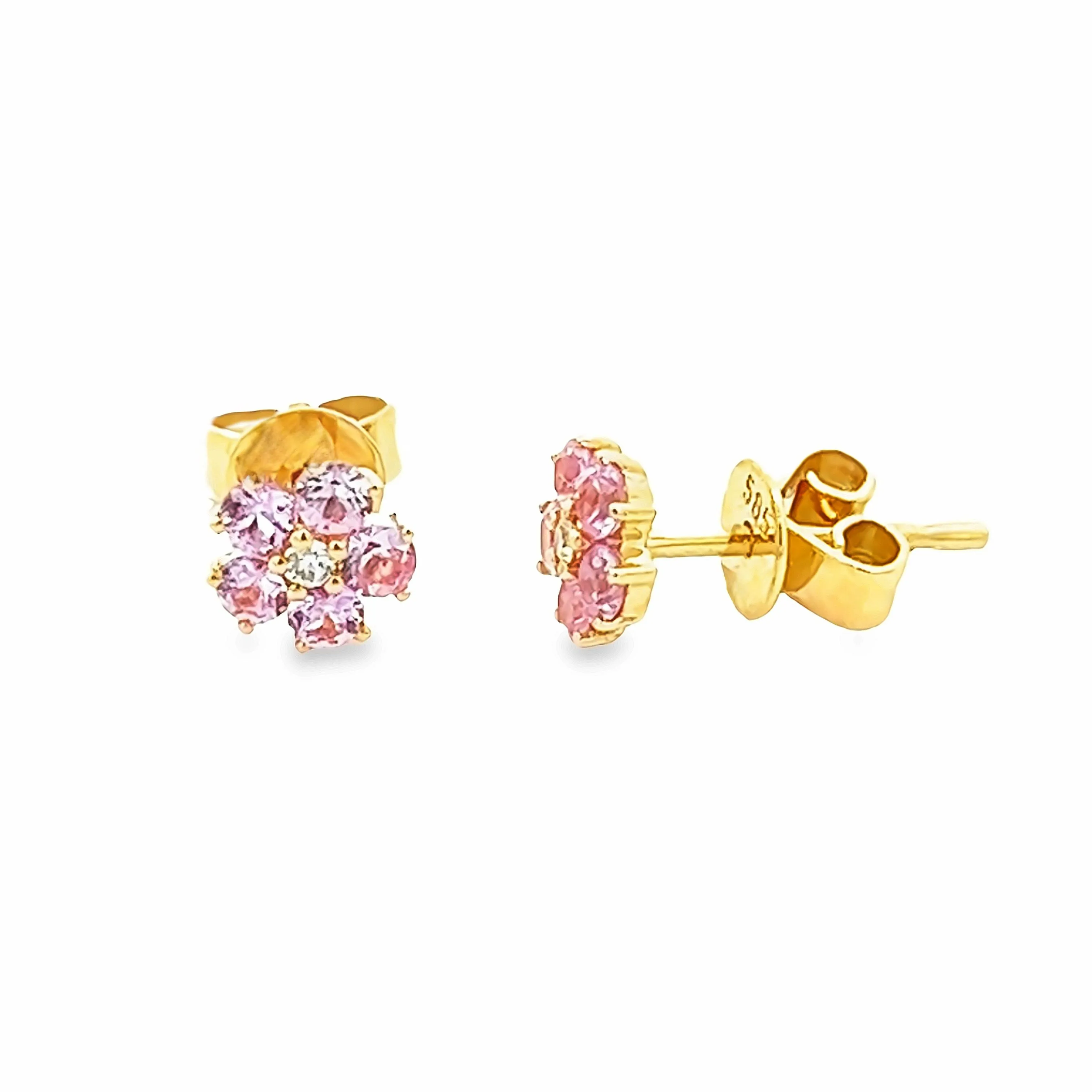 14k Yellow Gold Diamond and Pink Sapphire Flower Studs