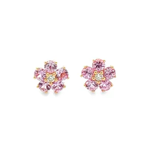 14k Yellow Gold Diamond and Pink Sapphire Flower Studs