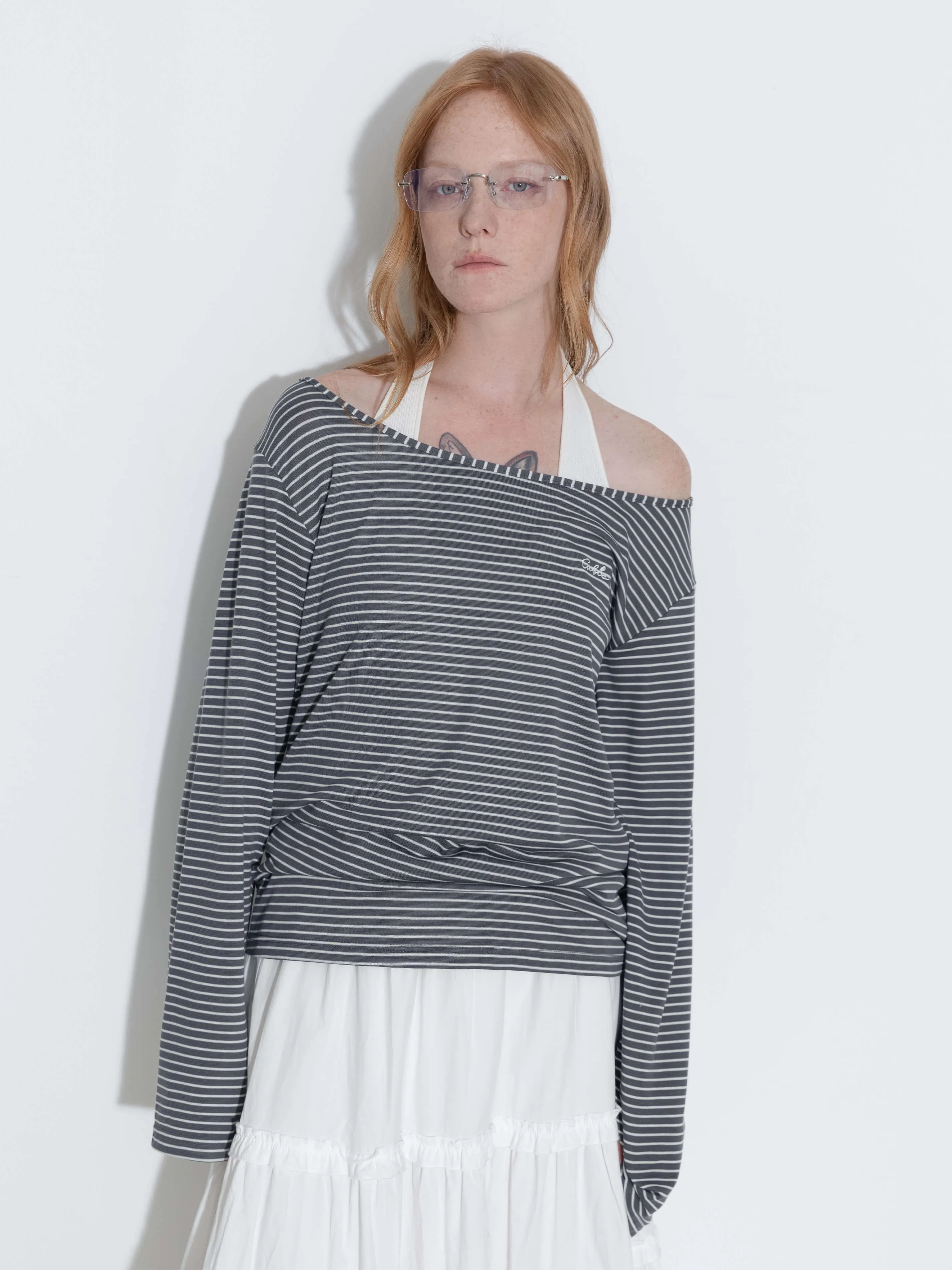 Adjustable Collar Oversized Stripe Long Sleeve Top