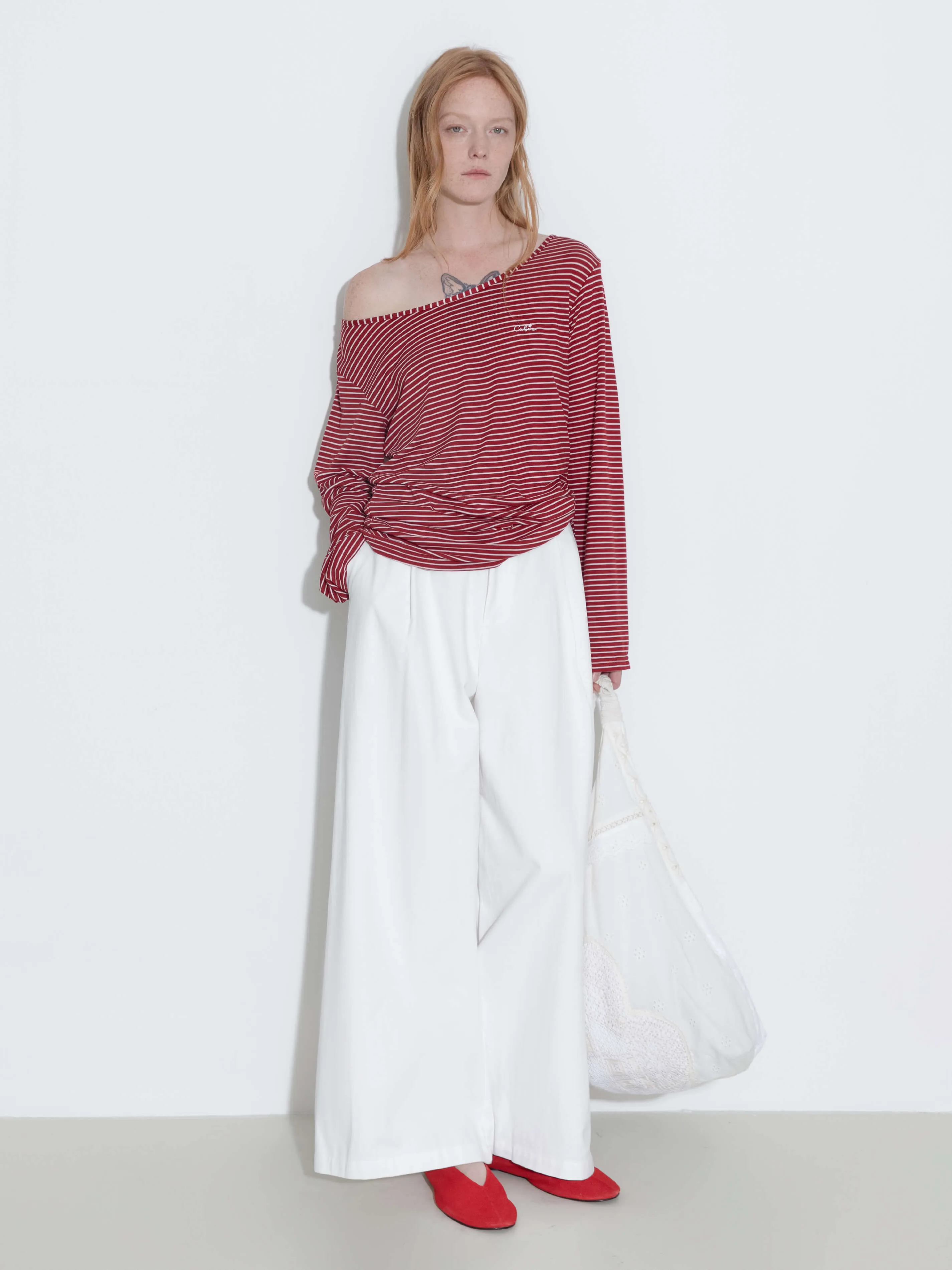 Adjustable Collar Oversized Stripe Long Sleeve Top