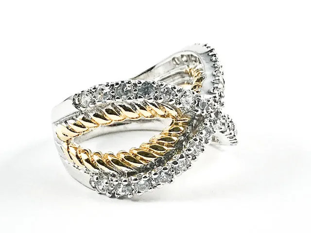 Beautiful Unique Layered X Shape Form Two Tone Style Silver Ring