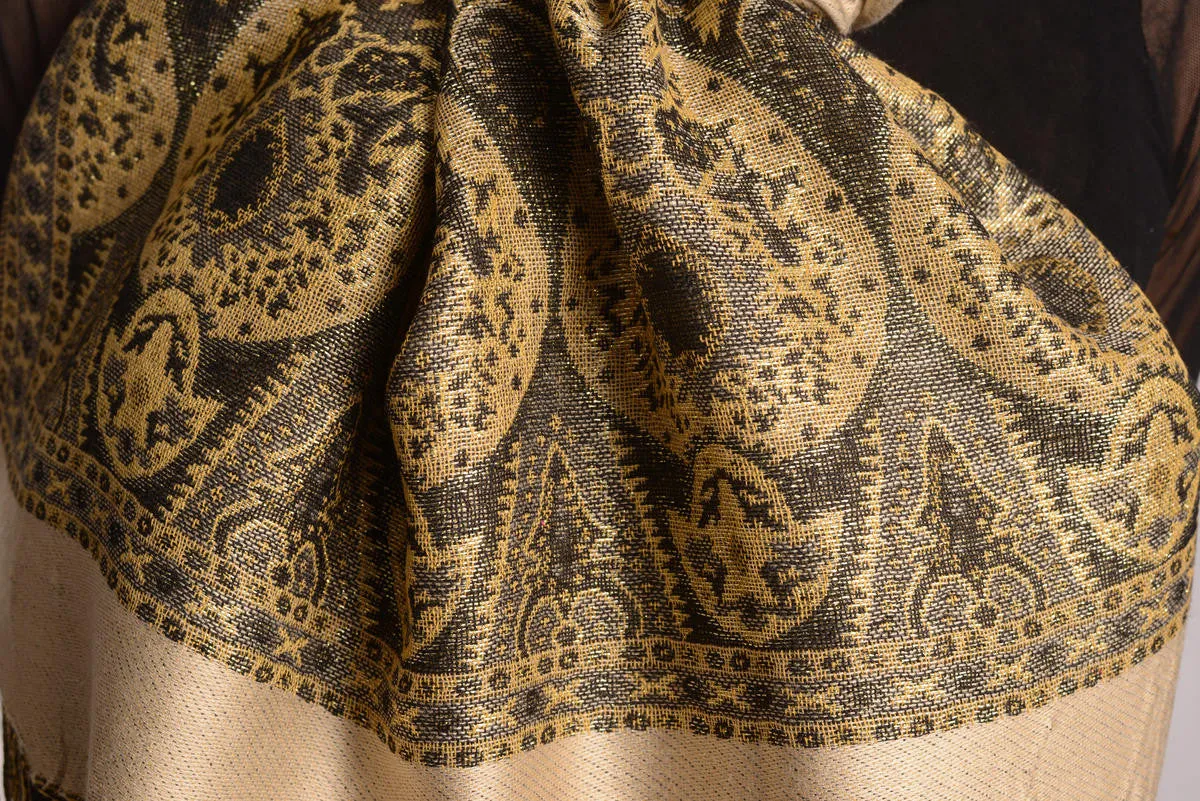 Beige With Lurex Ornaments Pashmina With Tassels