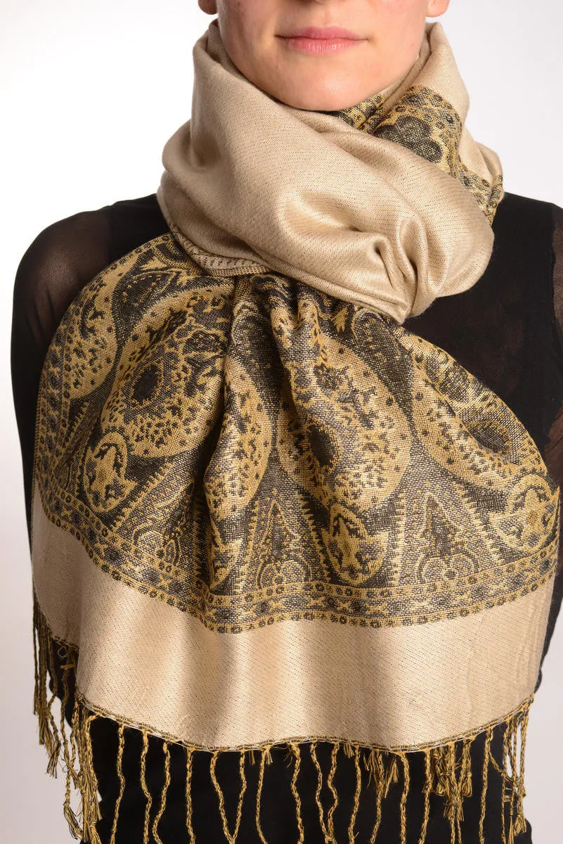 Beige With Lurex Ornaments Pashmina With Tassels