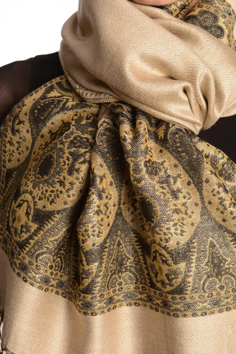 Beige With Lurex Ornaments Pashmina With Tassels