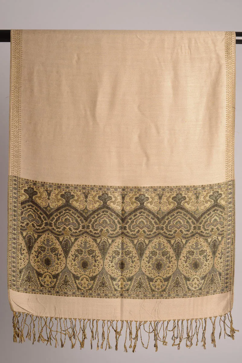 Beige With Lurex Ornaments Pashmina With Tassels