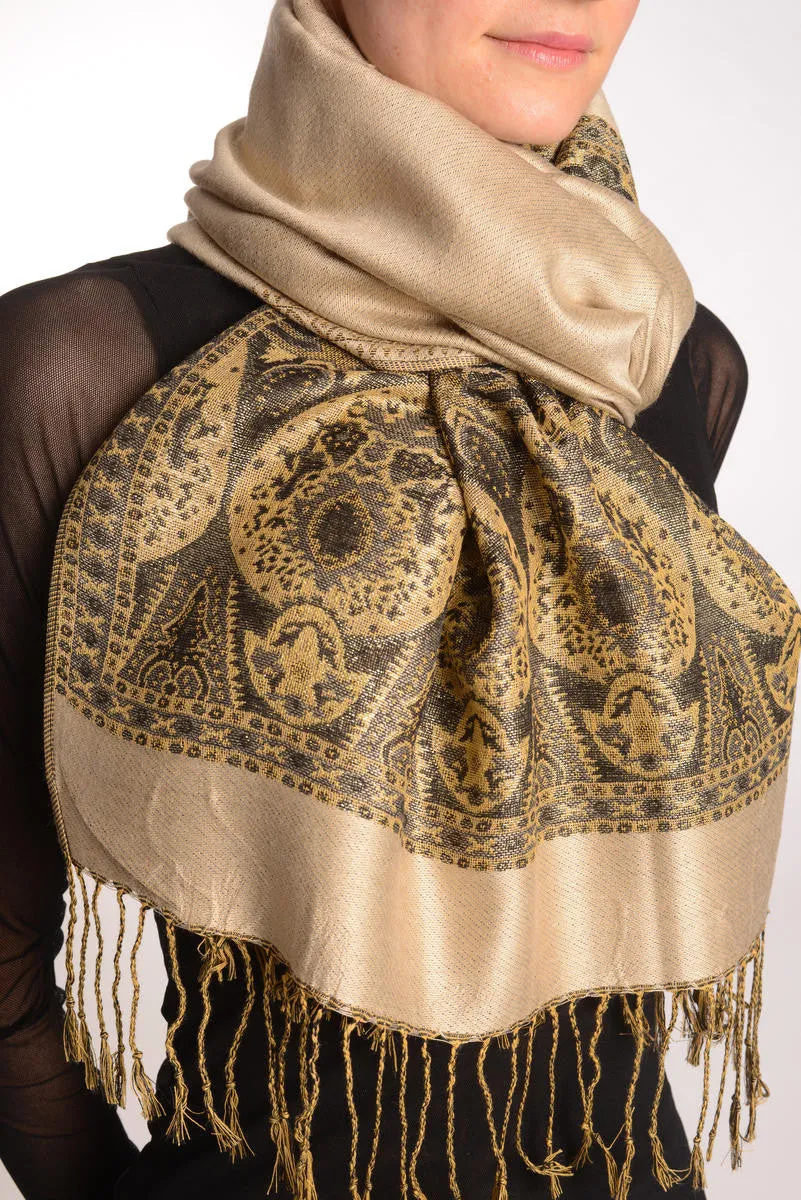 Beige With Lurex Ornaments Pashmina With Tassels
