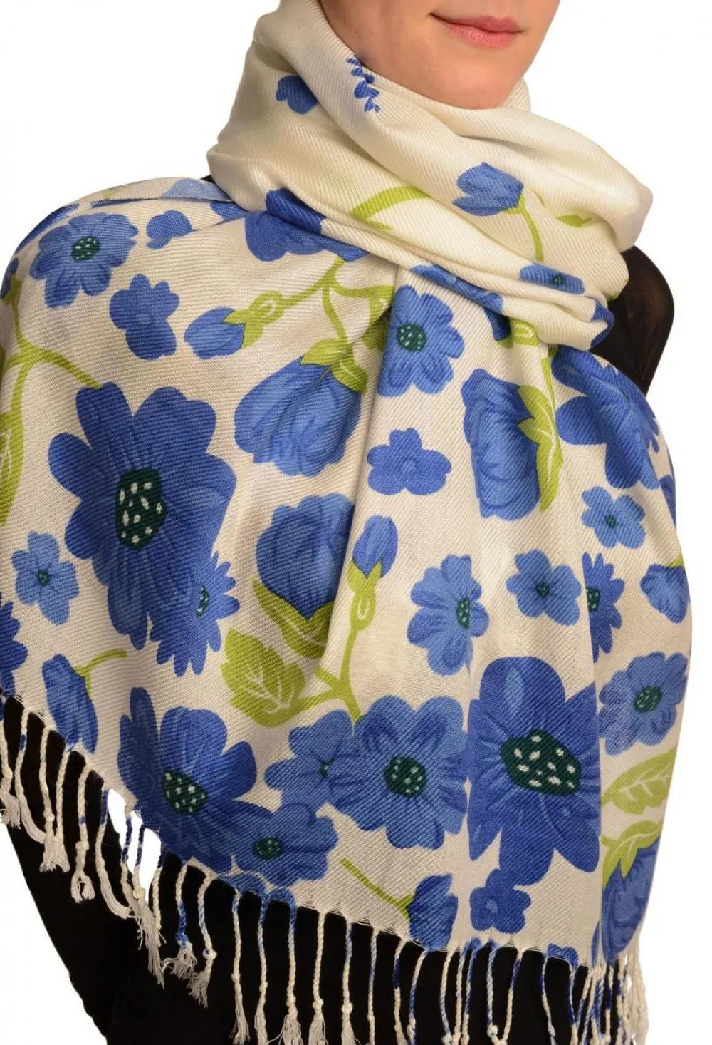 Blue Large Flowers On White Pashmina Feel With Tassels