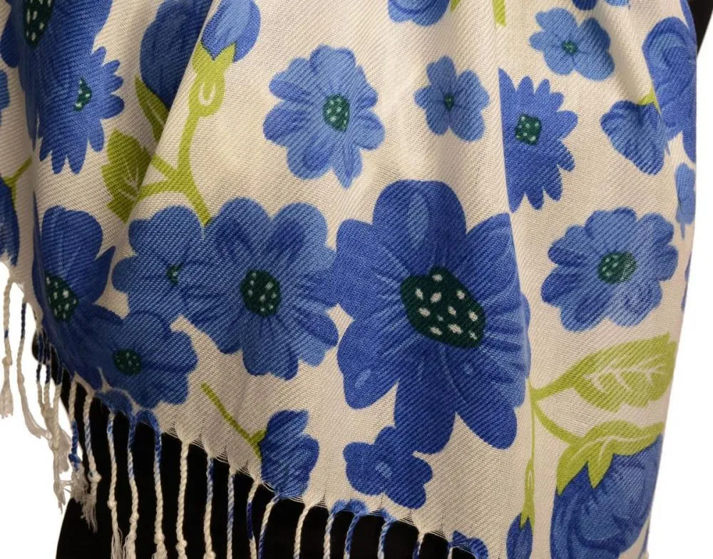 Blue Large Flowers On White Pashmina Feel With Tassels