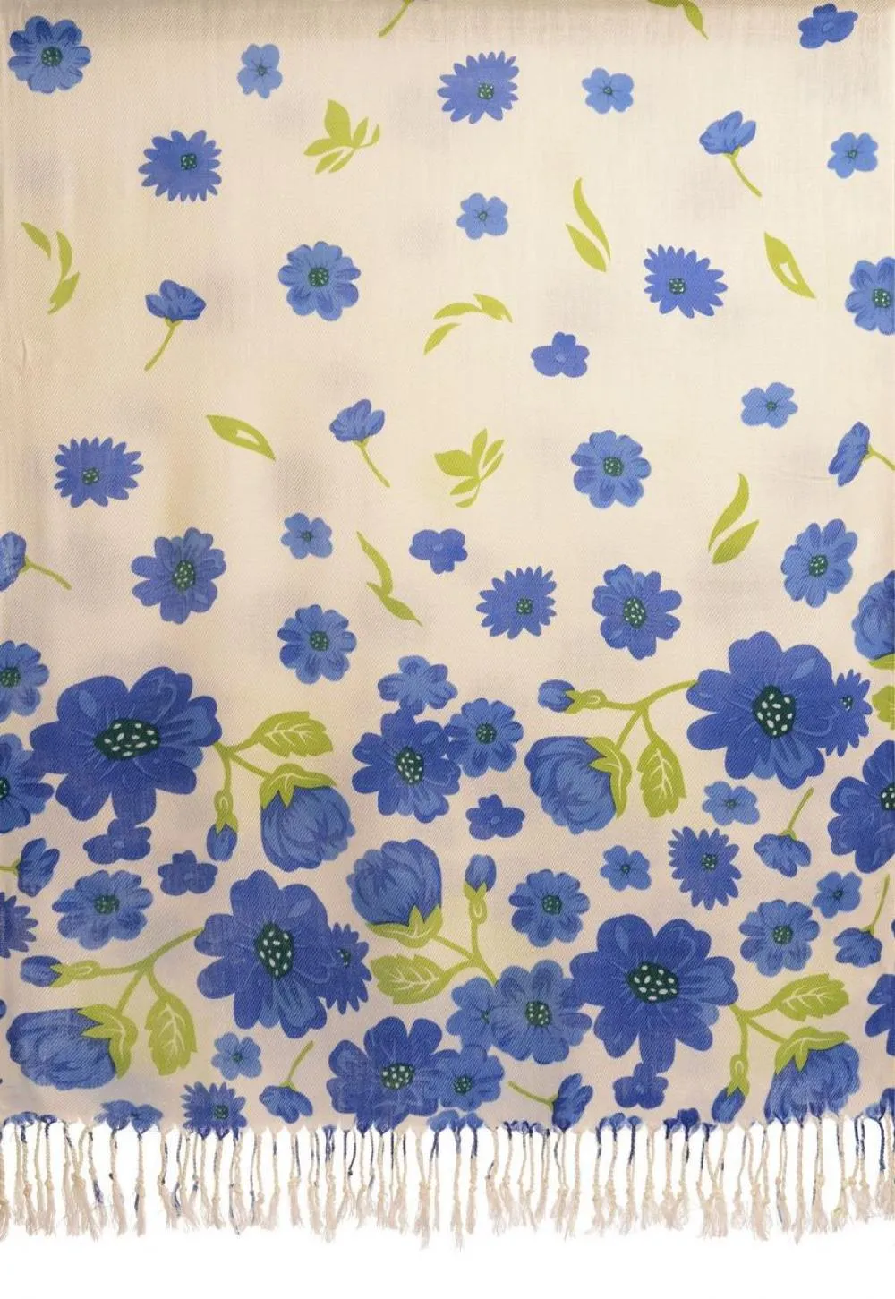 Blue Large Flowers On White Pashmina Feel With Tassels