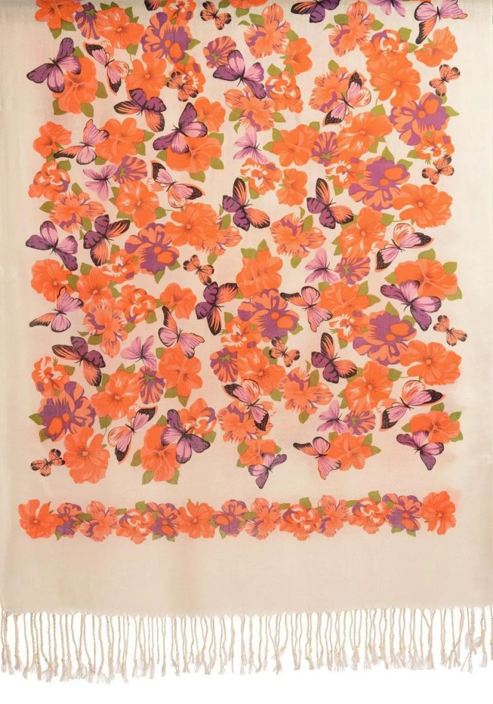 Bright Orange Butterflies & Flowers On White Pashmina Feel With Tassels