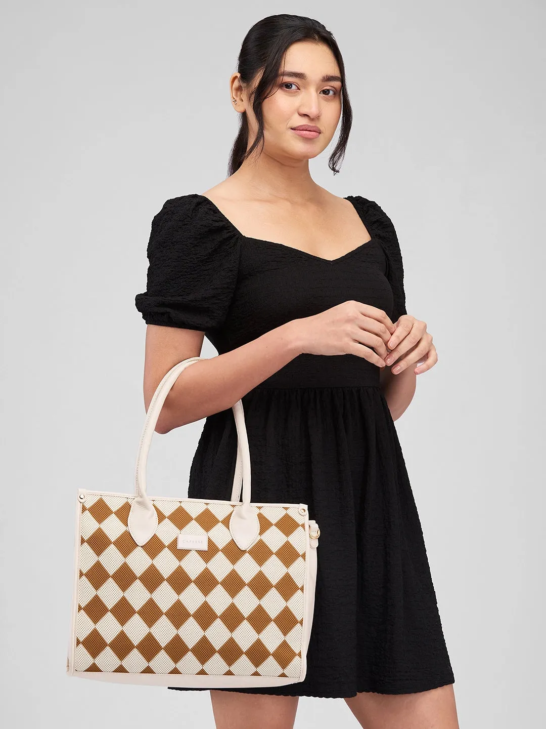 Caprese Checker Satchel Medium Cream
