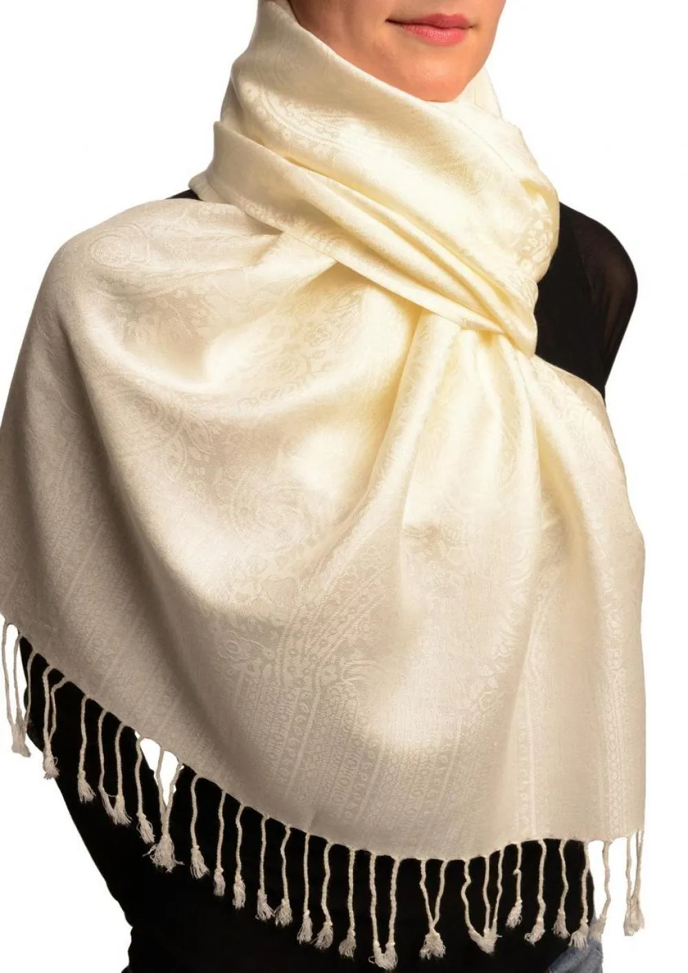 Cream Paisleys Pashmina Feel With Tassels