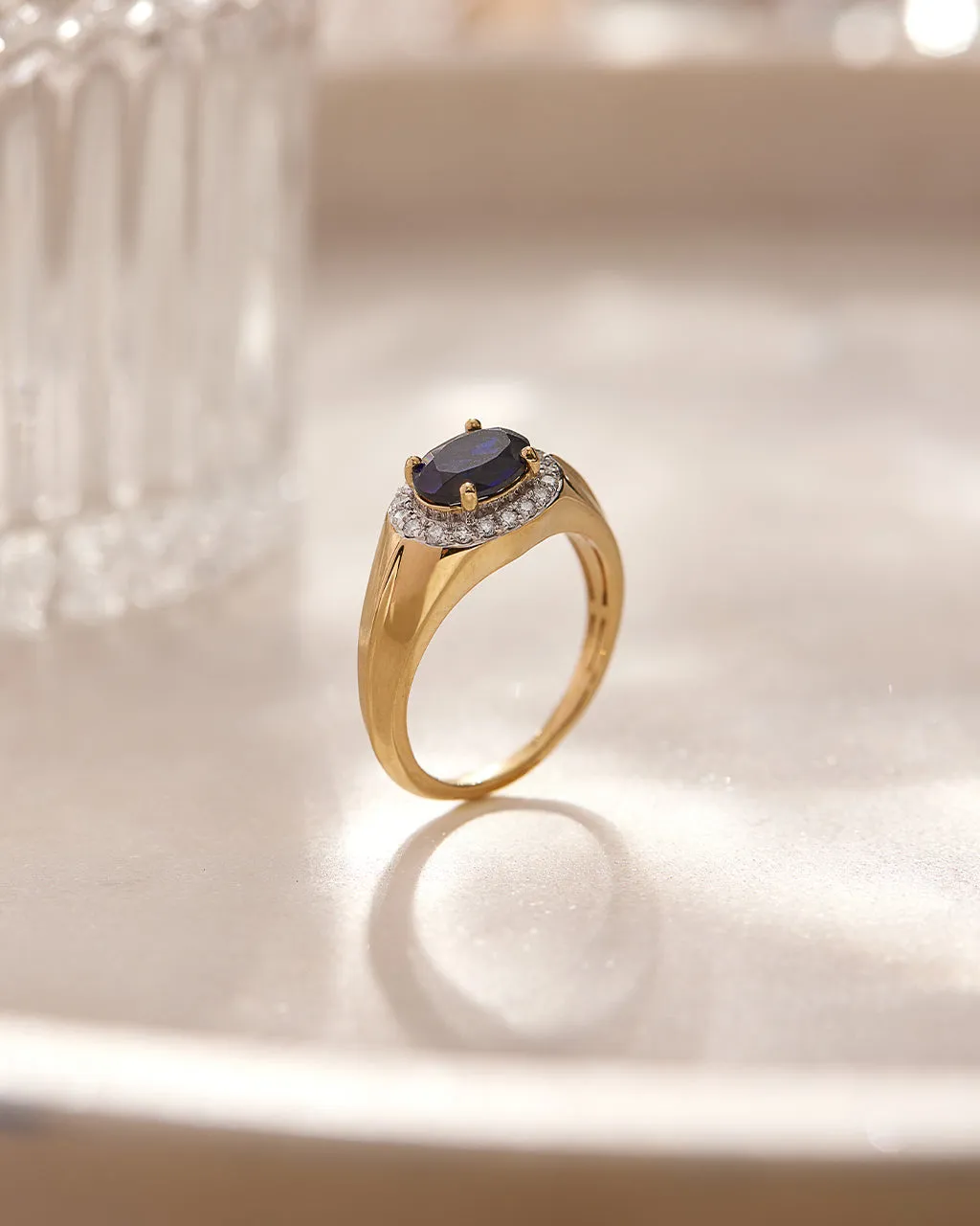 Created Blue Sapphire Signet Diamond Ring