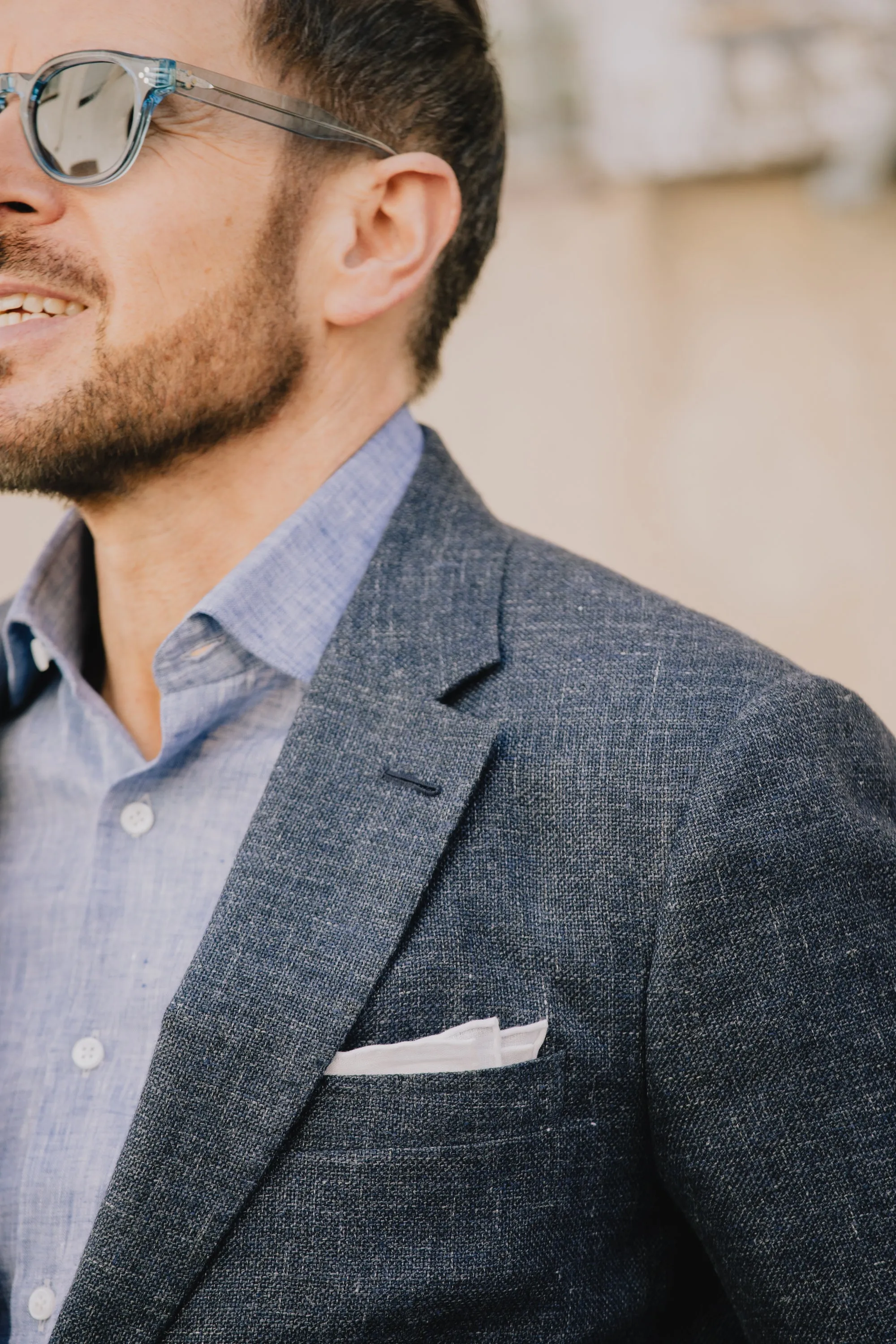 Cutaway Collar Shirt in Mid Blue Linen