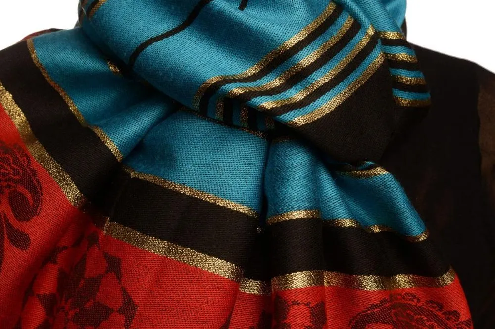 Dodger Blue Stripes & Gold Lurex Pashmina With Tassels