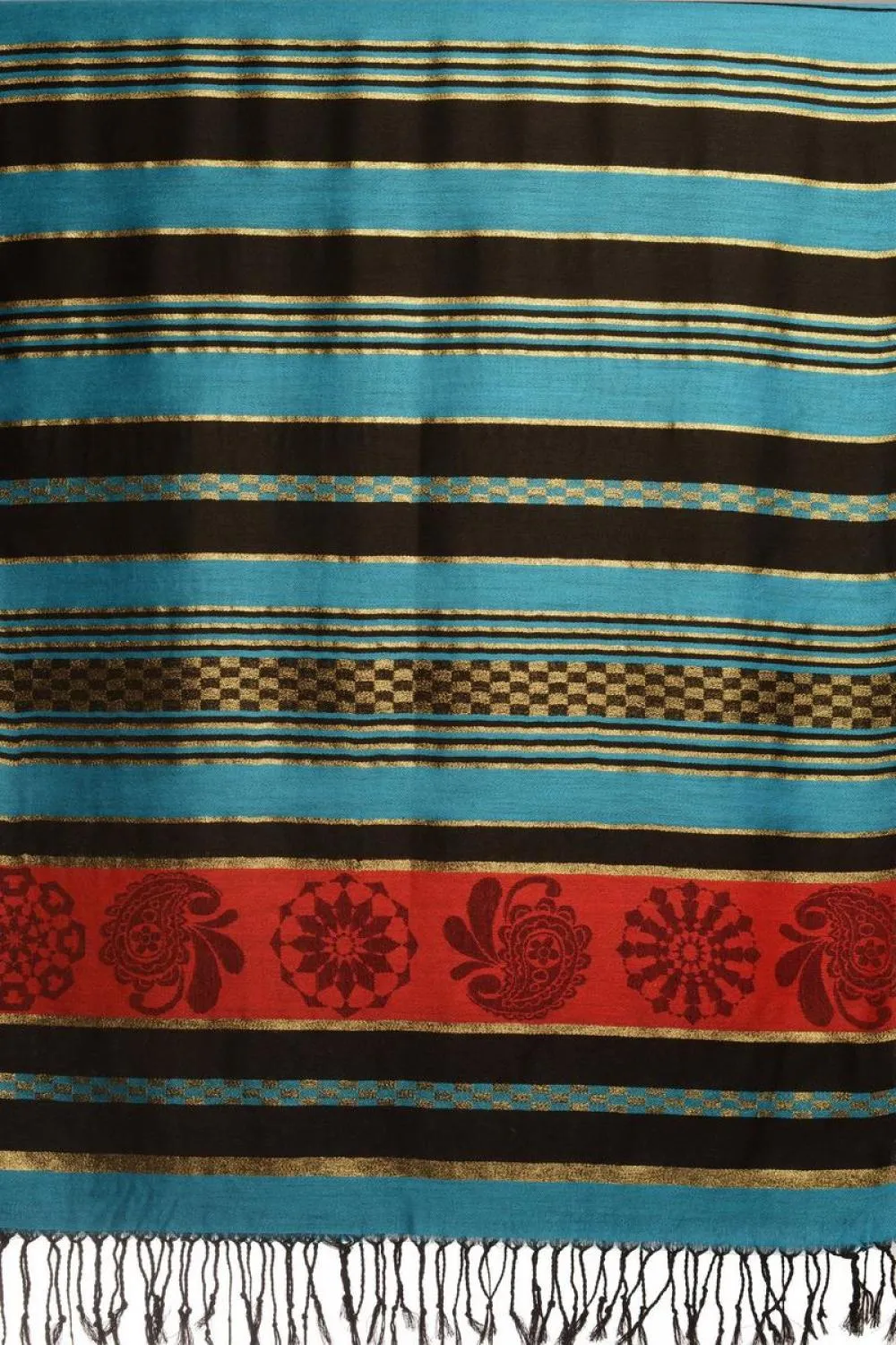 Dodger Blue Stripes & Gold Lurex Pashmina With Tassels