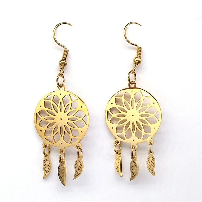 Feather Dream Catcher Stainless Steel Chain Necklaces Gold Color Long Necklaces Boho Jewelry sautoir femme long bohme N7021S01