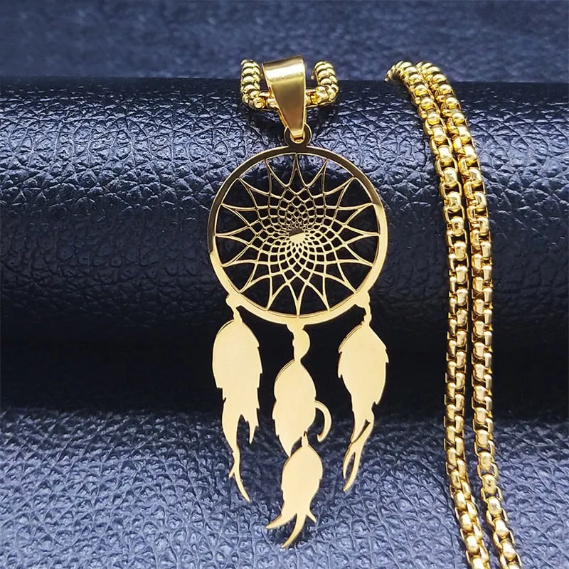 Feather Dream Catcher Stainless Steel Chain Necklaces Gold Color Long Necklaces Boho Jewelry sautoir femme long bohme N7021S01
