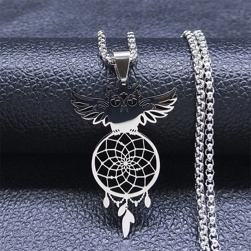 Feather Dream Catcher Stainless Steel Chain Necklaces Gold Color Long Necklaces Boho Jewelry sautoir femme long bohme N7021S01