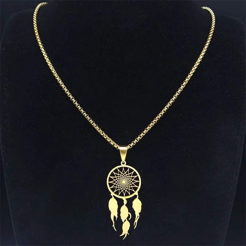 Feather Dream Catcher Stainless Steel Chain Necklaces Gold Color Long Necklaces Boho Jewelry sautoir femme long bohme N7021S01