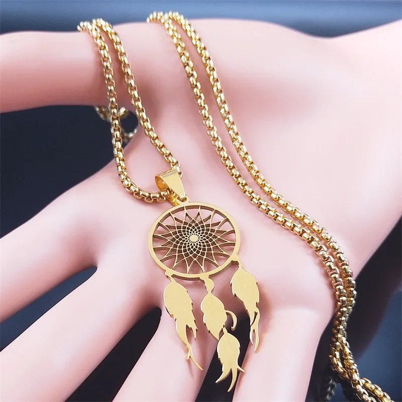 Feather Dream Catcher Stainless Steel Chain Necklaces Gold Color Long Necklaces Boho Jewelry sautoir femme long bohme N7021S01