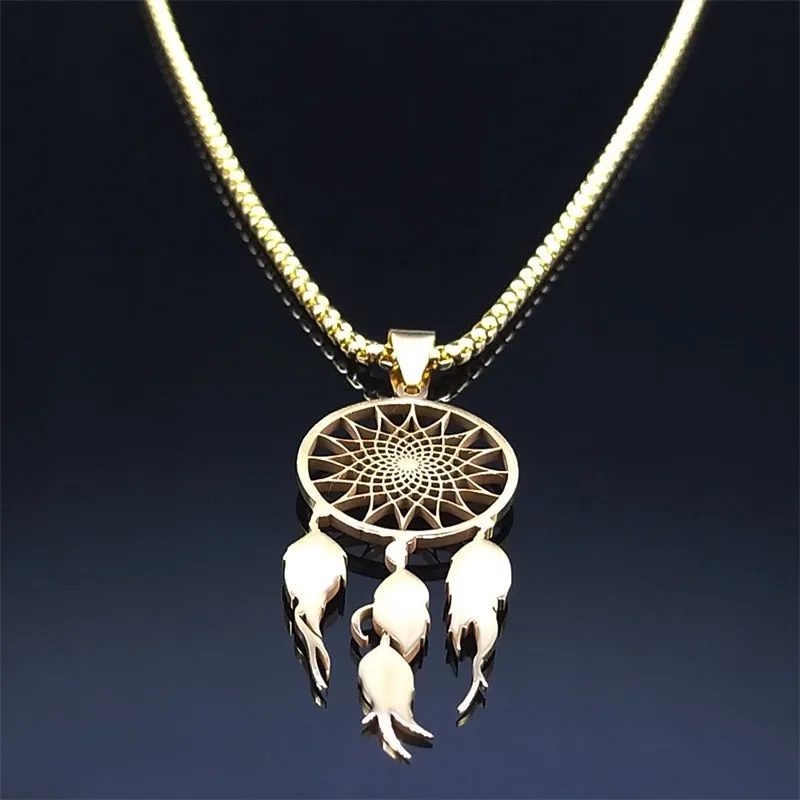 Feather Dream Catcher Stainless Steel Chain Necklaces Gold Color Long Necklaces Boho Jewelry sautoir femme long bohme N7021S01