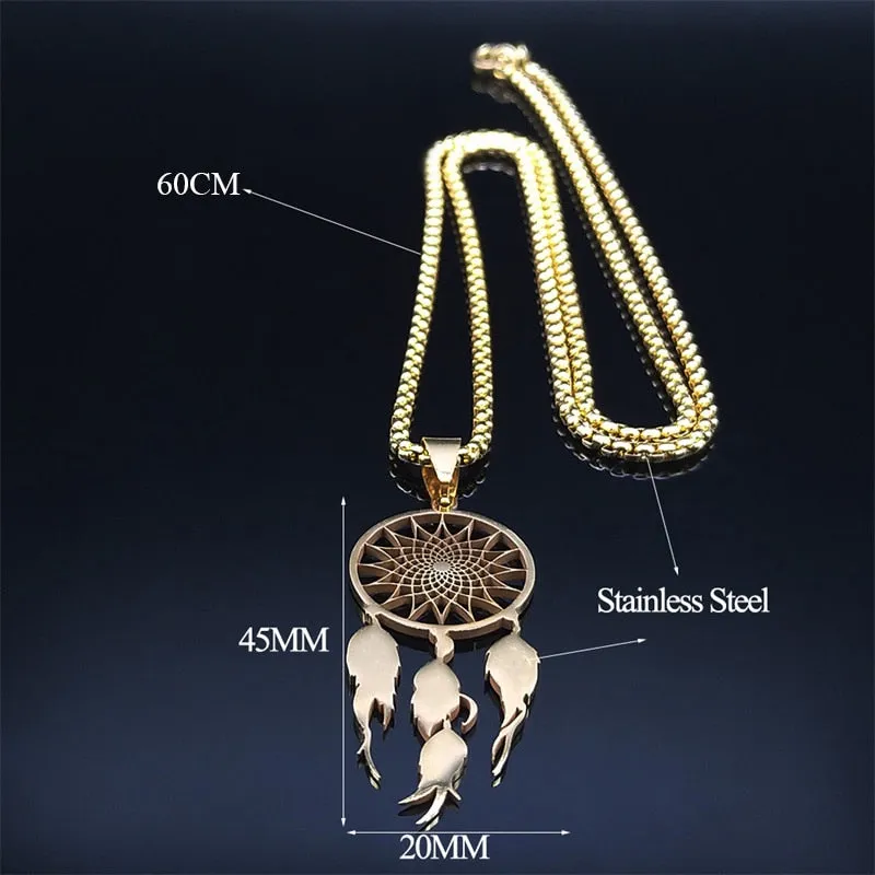 Feather Dream Catcher Stainless Steel Chain Necklaces Gold Color Long Necklaces Boho Jewelry sautoir femme long bohme N7021S01
