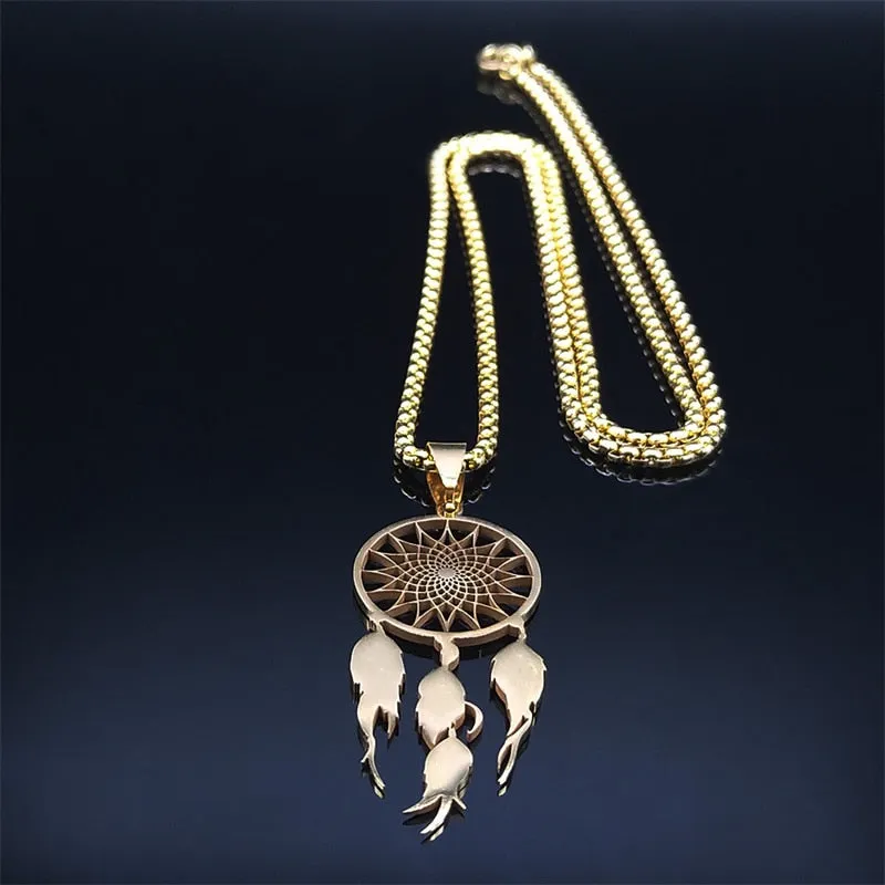 Feather Dream Catcher Stainless Steel Chain Necklaces Gold Color Long Necklaces Boho Jewelry sautoir femme long bohme N7021S01