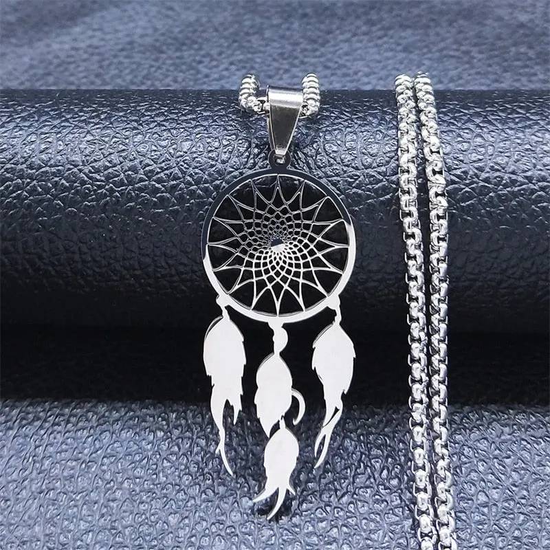 Feather Dream Catcher Stainless Steel Chain Necklaces Gold Color Long Necklaces Boho Jewelry sautoir femme long bohme N7021S01