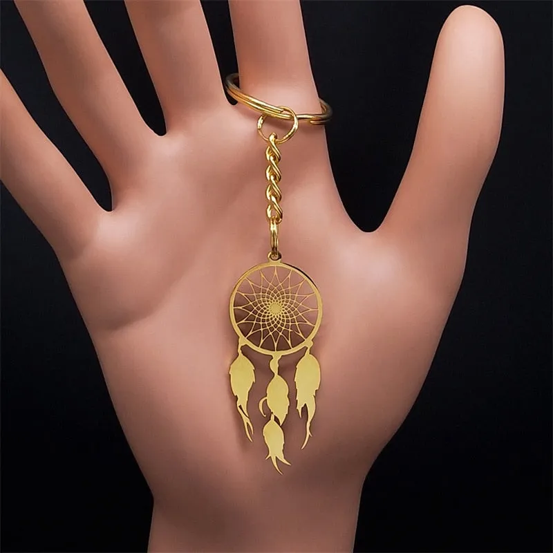 Feather Dream Catcher Stainless Steel Chain Necklaces Gold Color Long Necklaces Boho Jewelry sautoir femme long bohme N7021S01