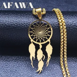 Feather Dream Catcher Stainless Steel Chain Necklaces Gold Color Long Necklaces Boho Jewelry sautoir femme long bohme N7021S01