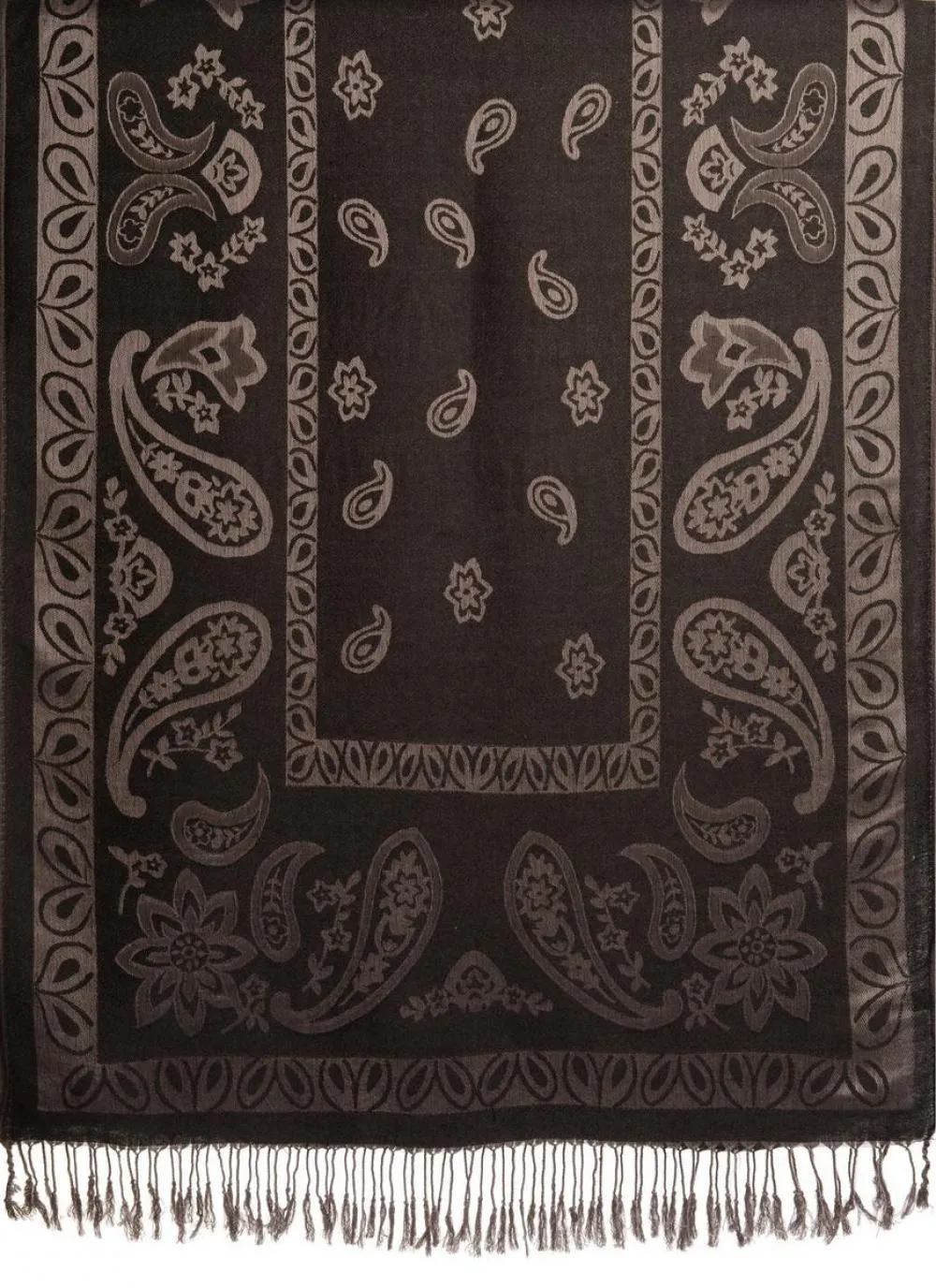 Frames and Paisleys On Black Pashmina Feel With Tassels