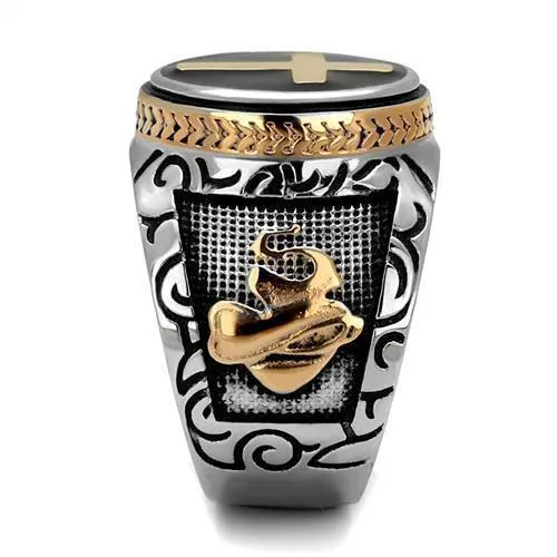 Jewellery Kingdom Mens Cross Signet Pinky Stainless Steel Rose Gold Detailed Biker Ring (Black)