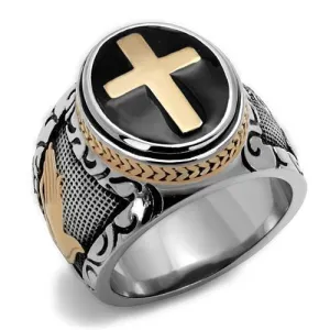 Jewellery Kingdom Mens Cross Signet Pinky Stainless Steel Rose Gold Detailed Biker Ring (Black)