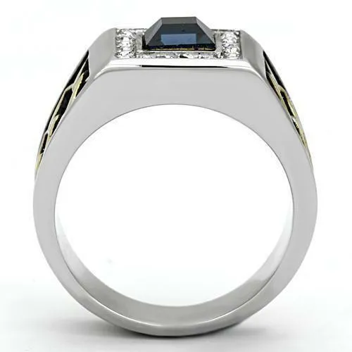 Jewellery Kingdom Signet Stainless Steel Gold Square Blackened Cubic Zirconia Mens Sapphire Ring (Blue)