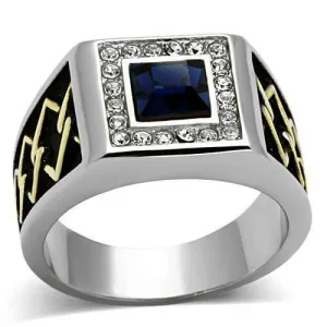 Jewellery Kingdom Signet Stainless Steel Gold Square Blackened Cubic Zirconia Mens Sapphire Ring (Blue)