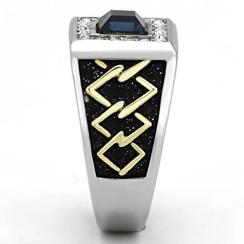 Jewellery Kingdom Signet Stainless Steel Gold Square Blackened Cubic Zirconia Mens Sapphire Ring (Blue)