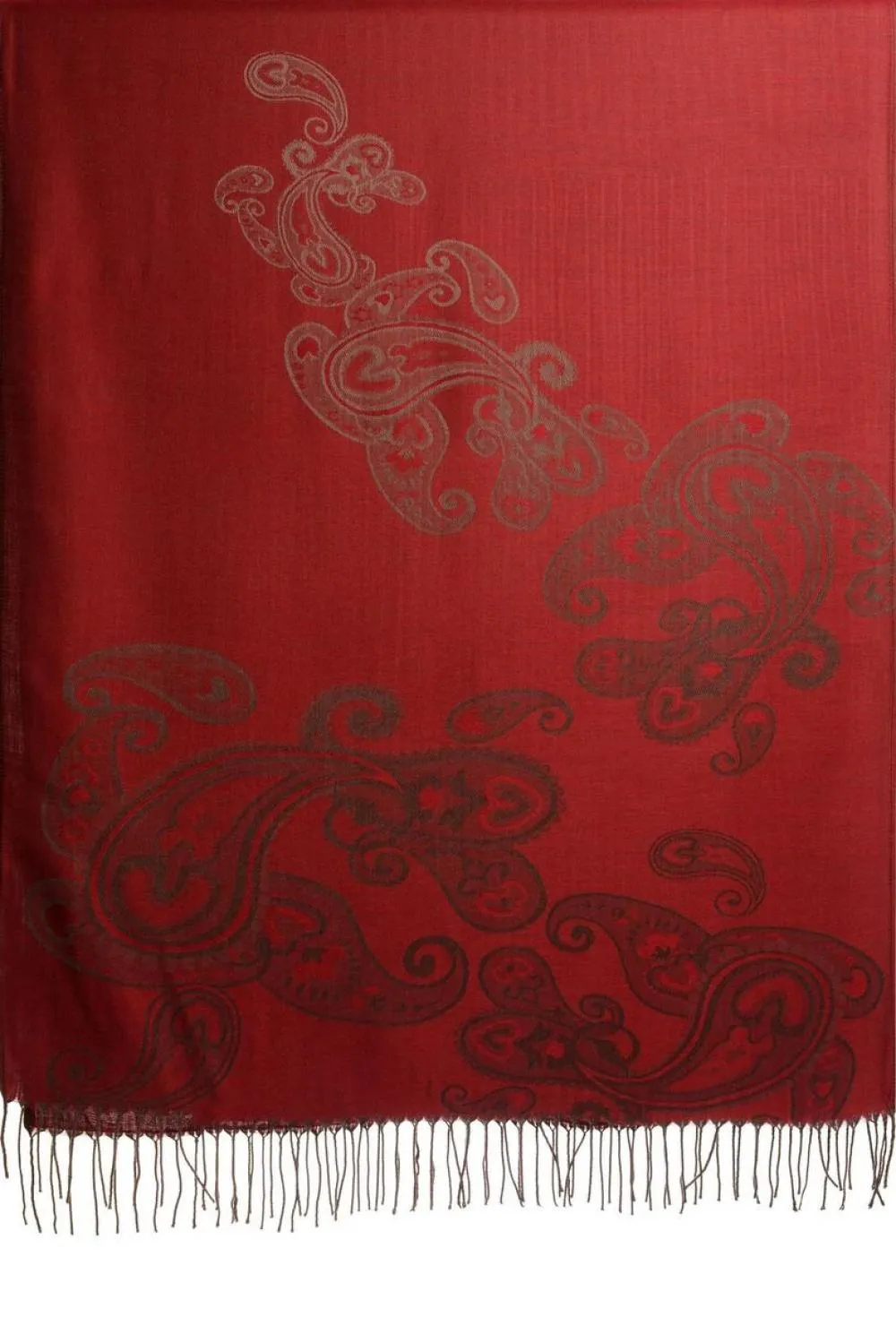 Joined Paisleys On Dark Red Pashmina Feel With Tassels