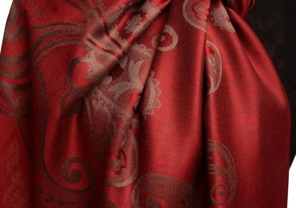 Joined Paisleys On Dark Red Pashmina Feel With Tassels