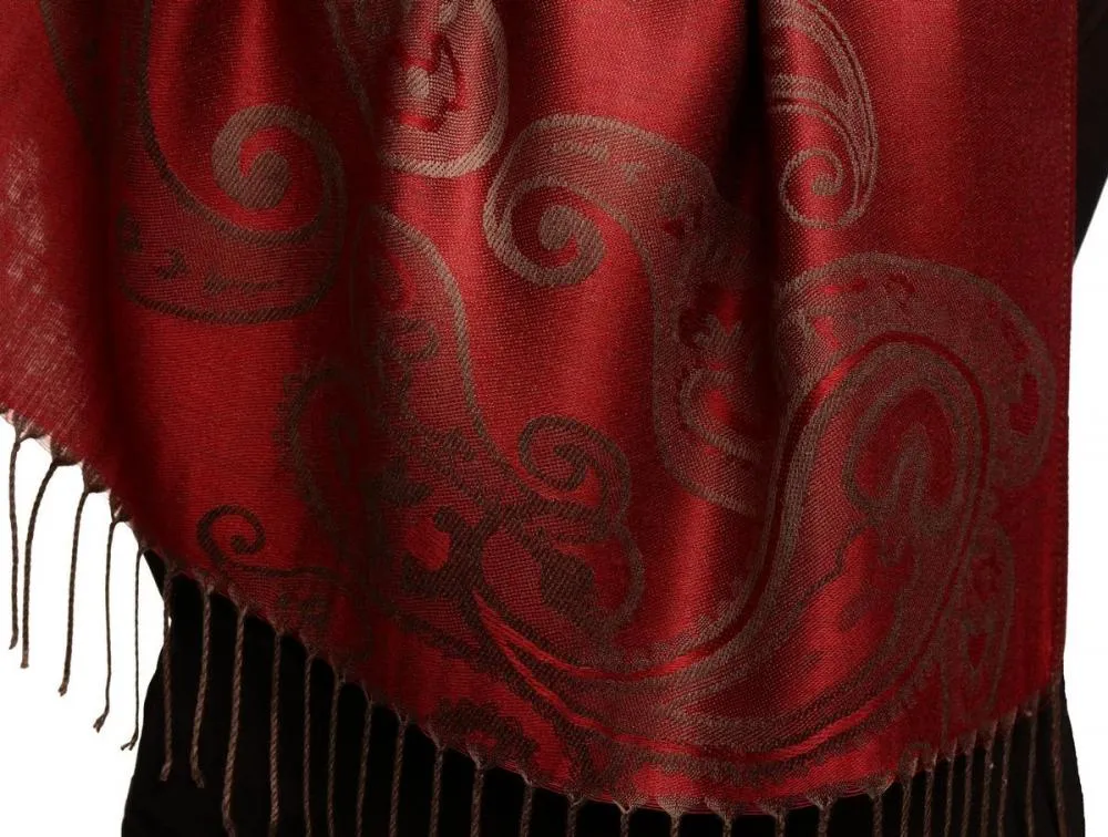Joined Paisleys On Dark Red Pashmina Feel With Tassels