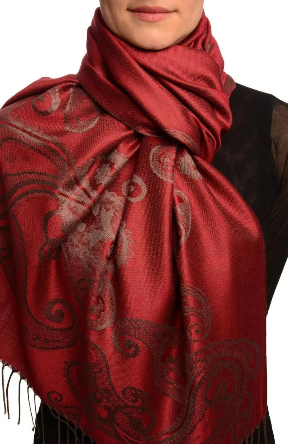 Joined Paisleys On Dark Red Pashmina Feel With Tassels