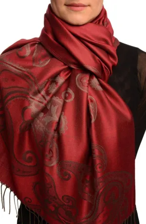 Joined Paisleys On Dark Red Pashmina Feel With Tassels