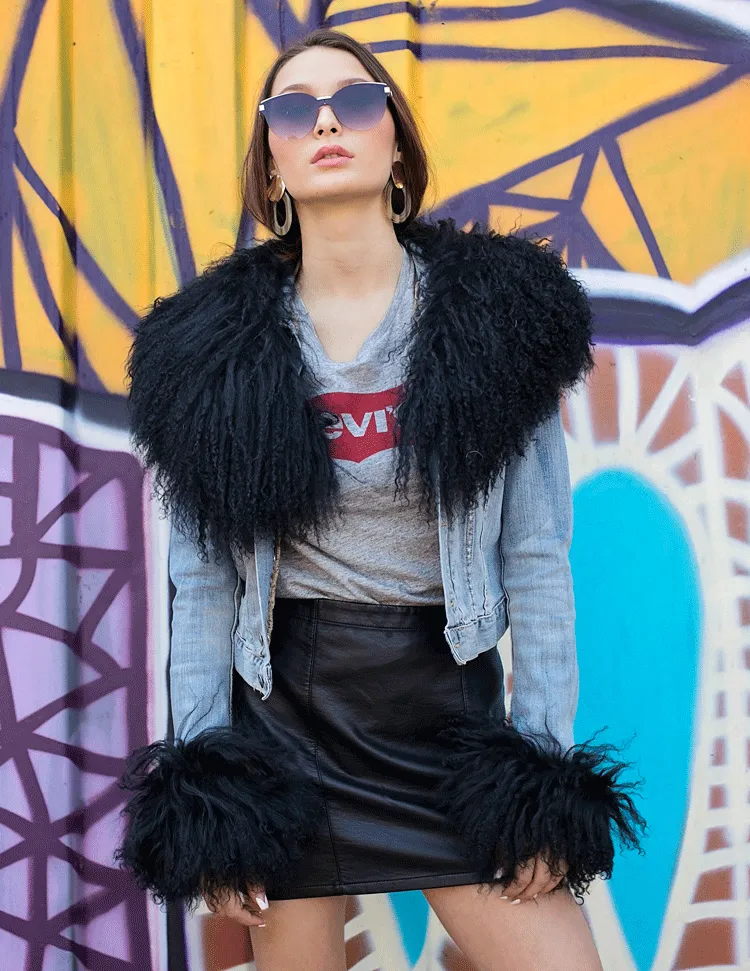 Juniper - Mongolian Fur Collar & Slap On Cuffs in Jet