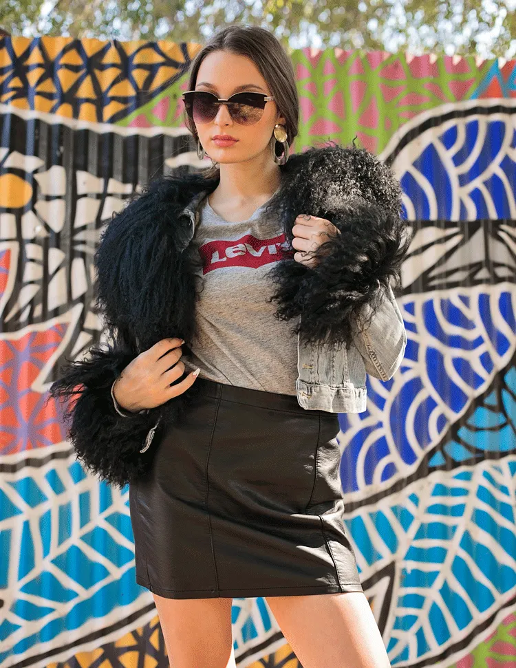 Juniper - Mongolian Fur Collar & Slap On Cuffs in Jet