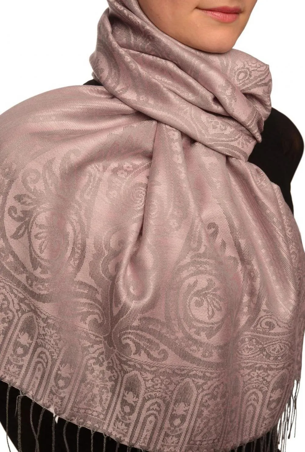 Mirrored Paisley On Amaranth Pink Pashmina With Tassels