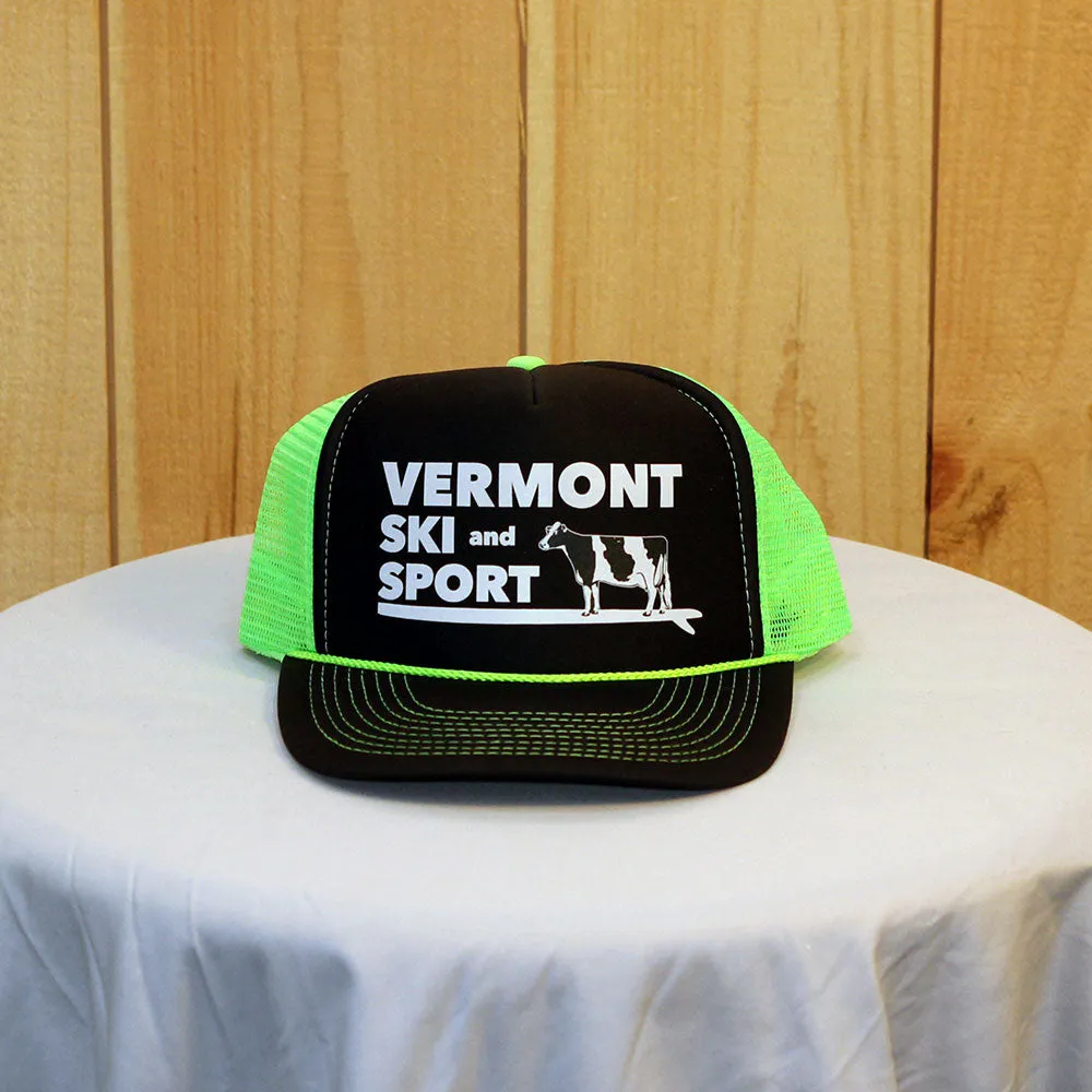 Paddleboarding Cow Trucker Hat - Black with Neon Green