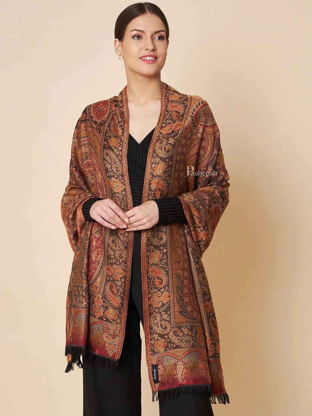 Pashtush Womens Faux Pashmina Shawl, Soft Jamawar Design, Espresso Brown