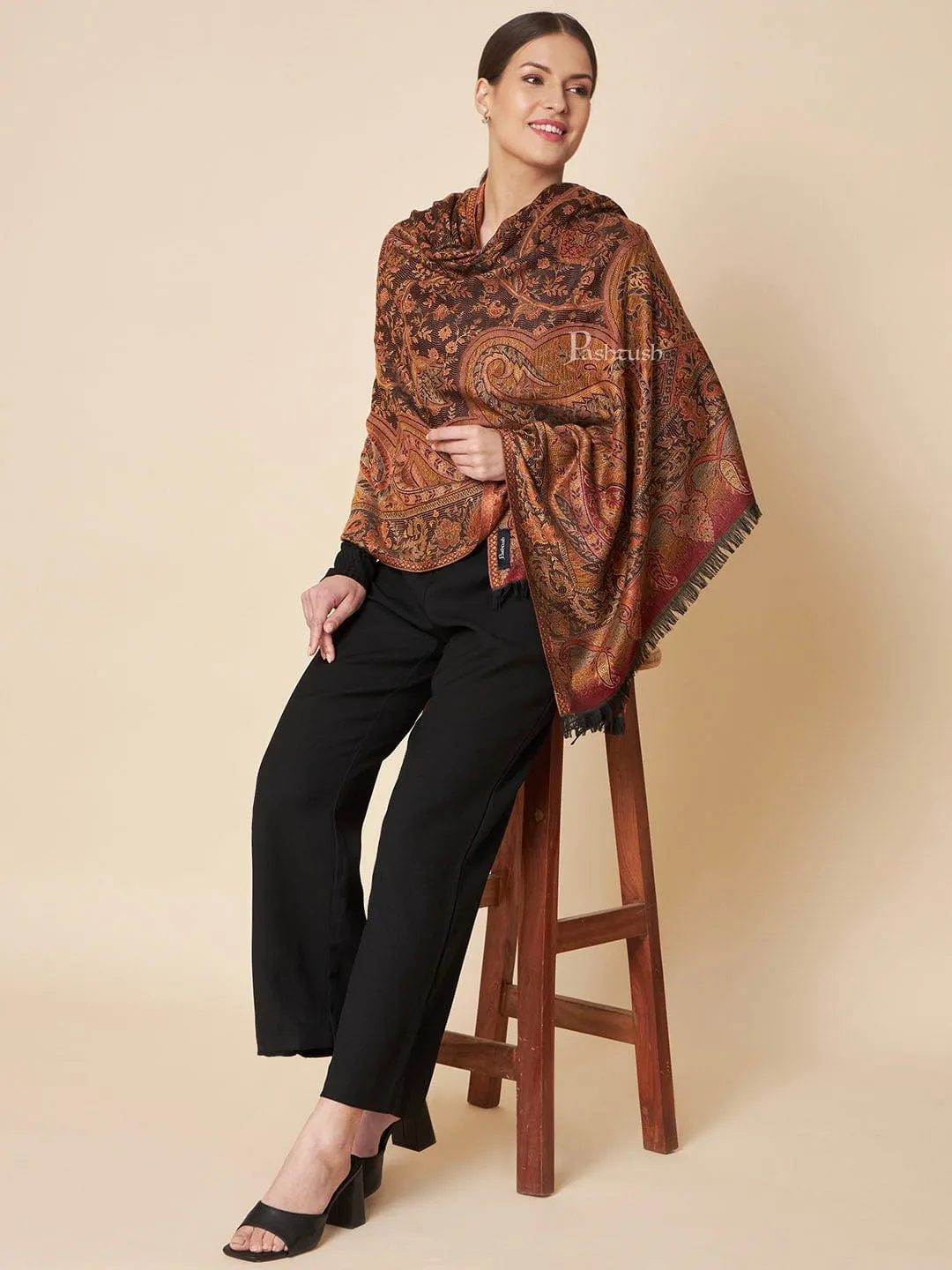 Pashtush Womens Faux Pashmina Shawl, Soft Jamawar Design, Espresso Brown