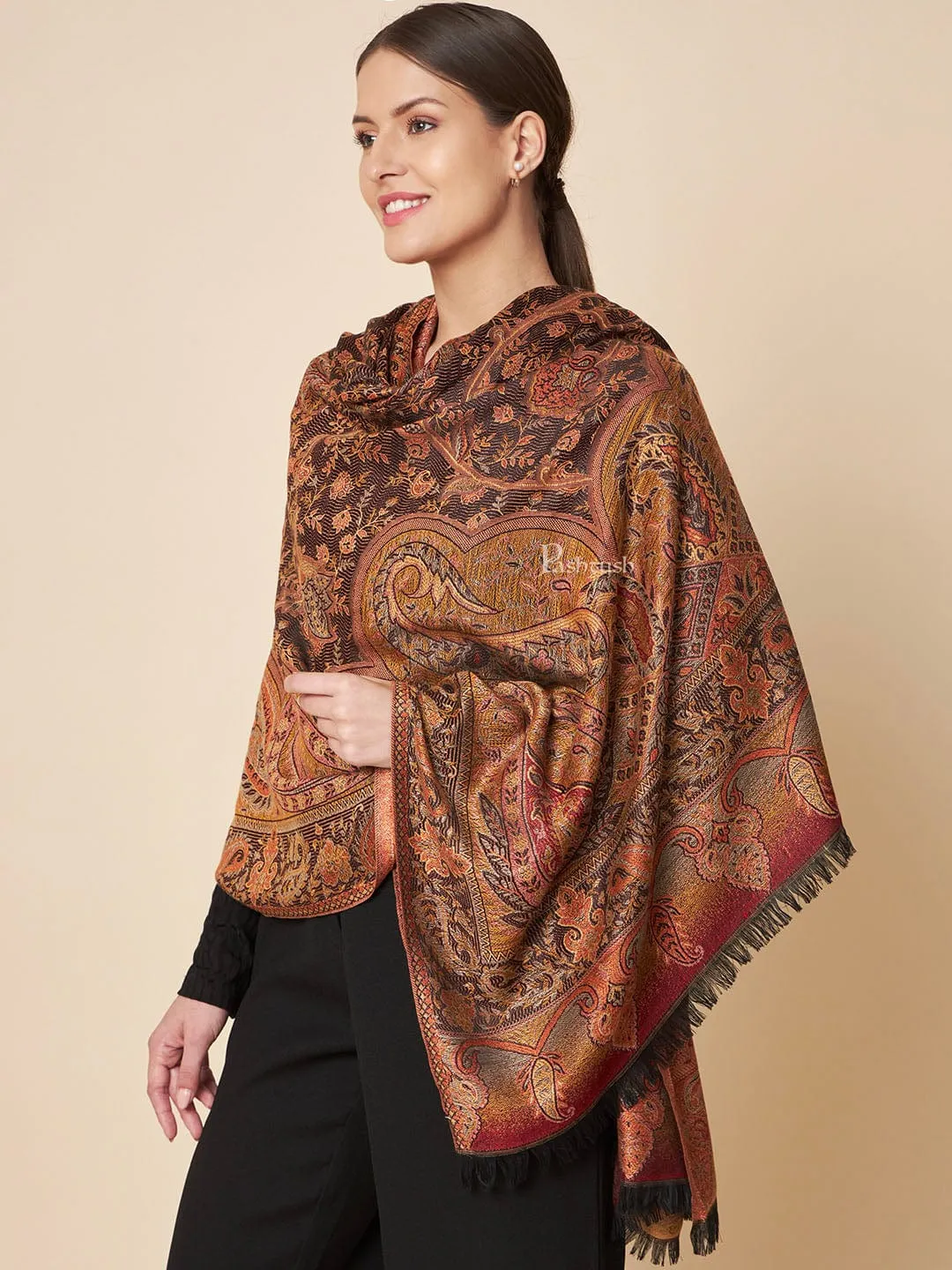 Pashtush Womens Faux Pashmina Shawl, Soft Jamawar Design, Espresso Brown