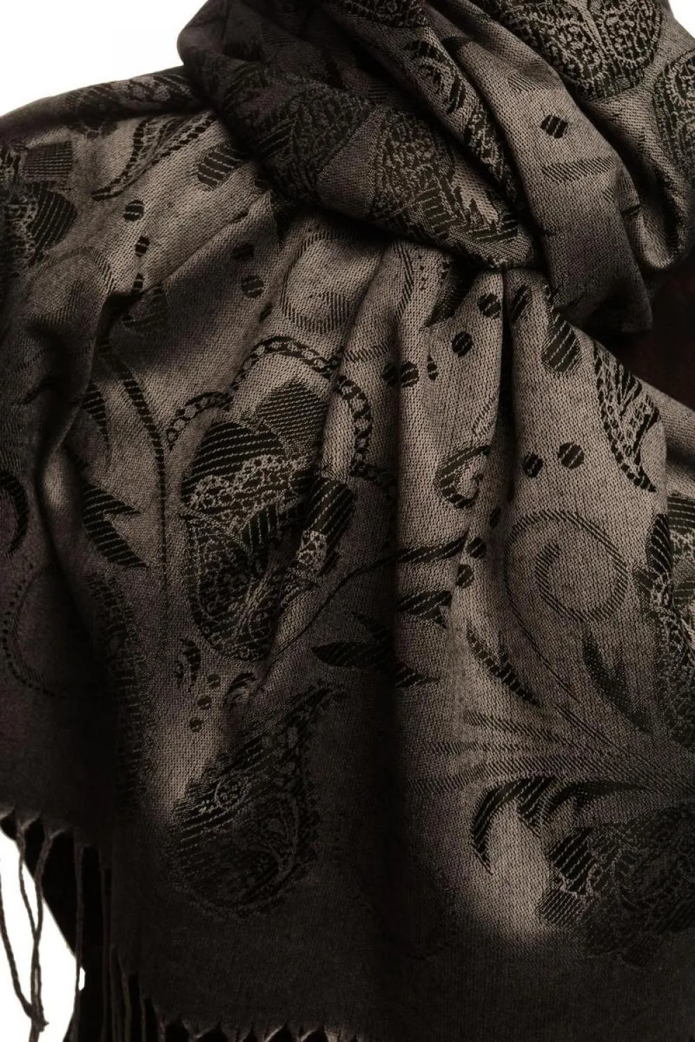 Pearls & Paisleys On Black & Grey Pashmina With Tassels